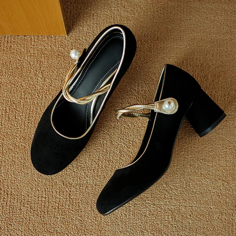 Women's black high-heeled Mary Jane shoes with a round toe, chunky heel, and solid color/color-blocked lambskin. (8-9f)