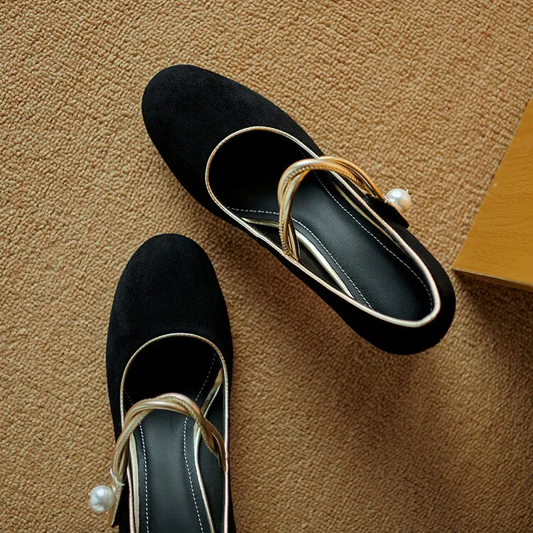 Women's black high-heeled Mary Jane shoes with a round toe, chunky heel, and solid color/color-blocked lambskin. (8-9f)
