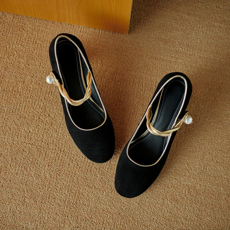 Women's black high-heeled Mary Jane shoes with a round toe, chunky heel, and solid color/color-blocked lambskin. (8-9f)
