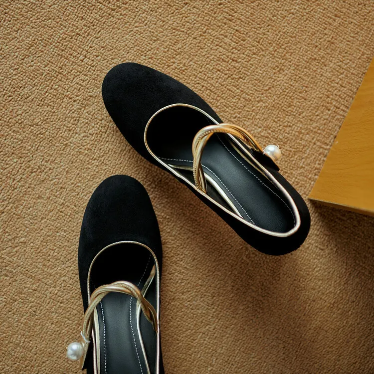 Women's black high-heeled Mary Jane shoes with a round toe, chunky heel, and solid color/color-blocked lambskin. (8-9f)
