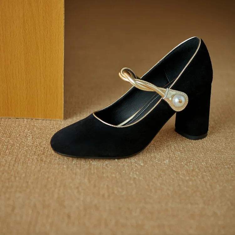 Women's black high-heeled Mary Jane shoes with a round toe, chunky heel, and solid color/color-blocked lambskin. (8-9f)
