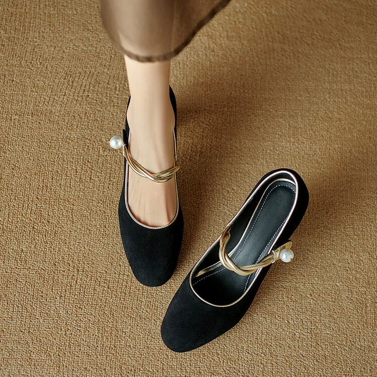 Women's black high-heeled Mary Jane shoes with a round toe, chunky heel, and solid color/color-blocked lambskin. (8-9f)