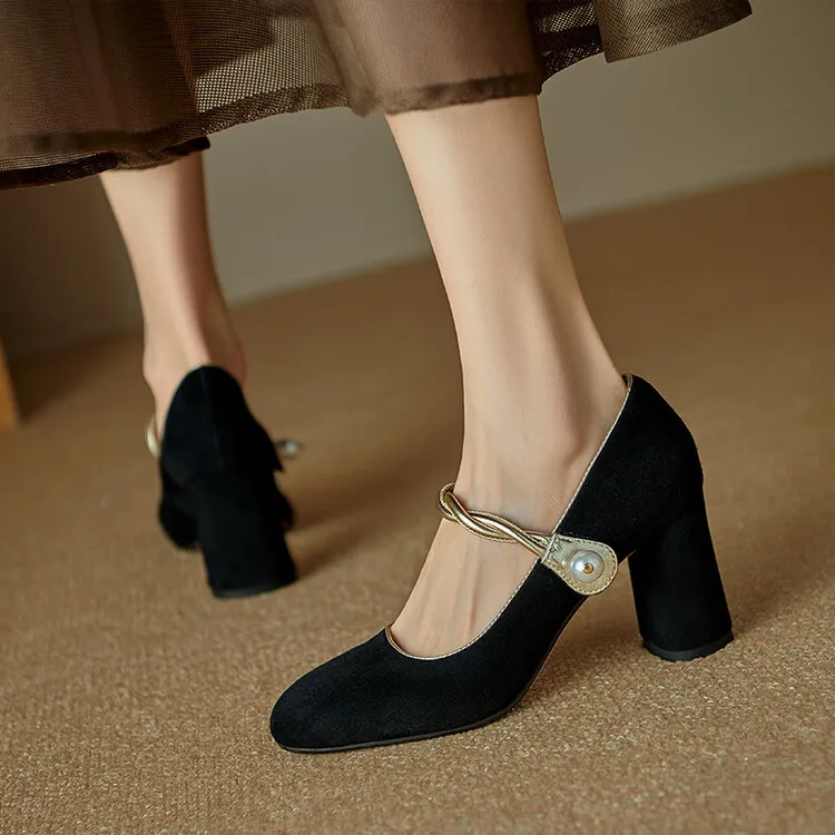 Women's black high-heeled Mary Jane shoes with a round toe, chunky heel, and solid color/color-blocked lambskin. (8-9f)
