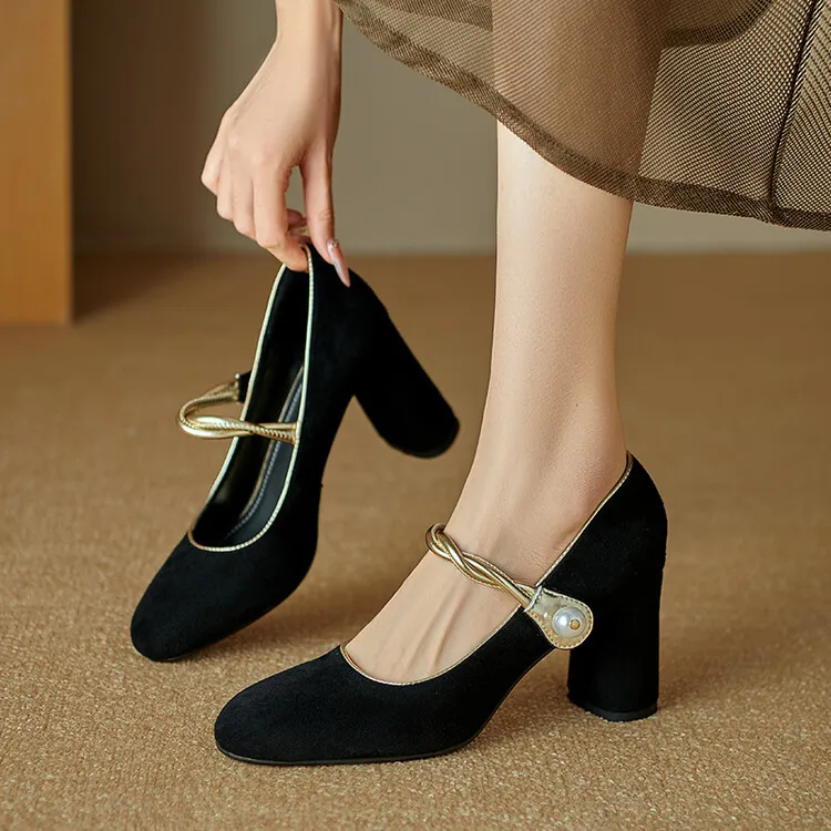 Women's black high-heeled Mary Jane shoes with a round toe, chunky heel, and solid color/color-blocked lambskin. (8-9f)