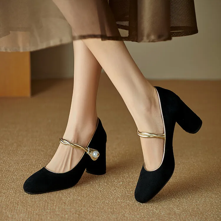 Women's black high-heeled Mary Jane shoes with a round toe, chunky heel, and solid color/color-blocked lambskin. (8-9f)