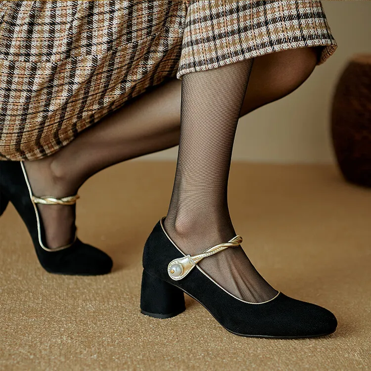 Women's black high-heeled Mary Jane shoes with a round toe, chunky heel, and solid color/color-blocked lambskin. (8-9f)