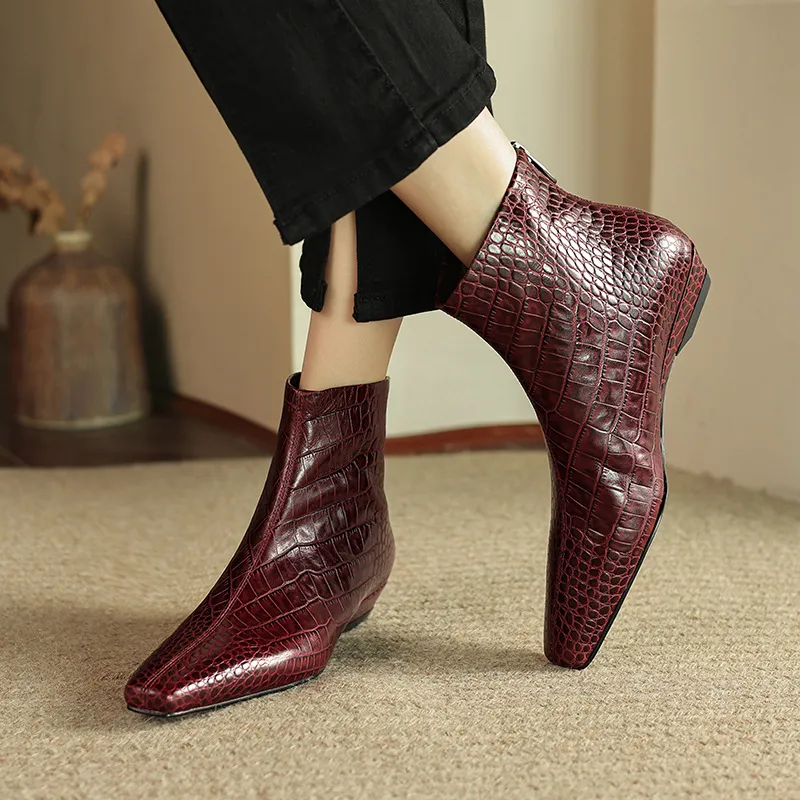 Autumn/Winter Square Toe Chunky Heel Low Heel Ankle Boots, Crocodile Pattern Cowhide, Back Zipper, Comfortable Fashion Women's Boots