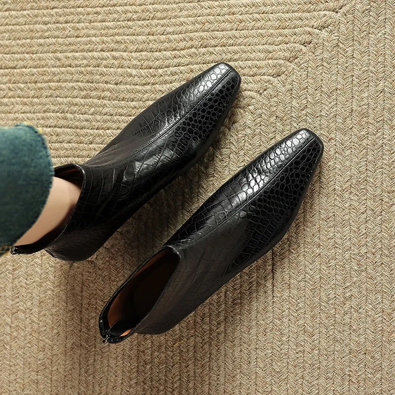 Autumn/Winter Square Toe Chunky Heel Low Heel Ankle Boots, Crocodile Pattern Cowhide, Back Zipper, Comfortable Fashion Women's Boots