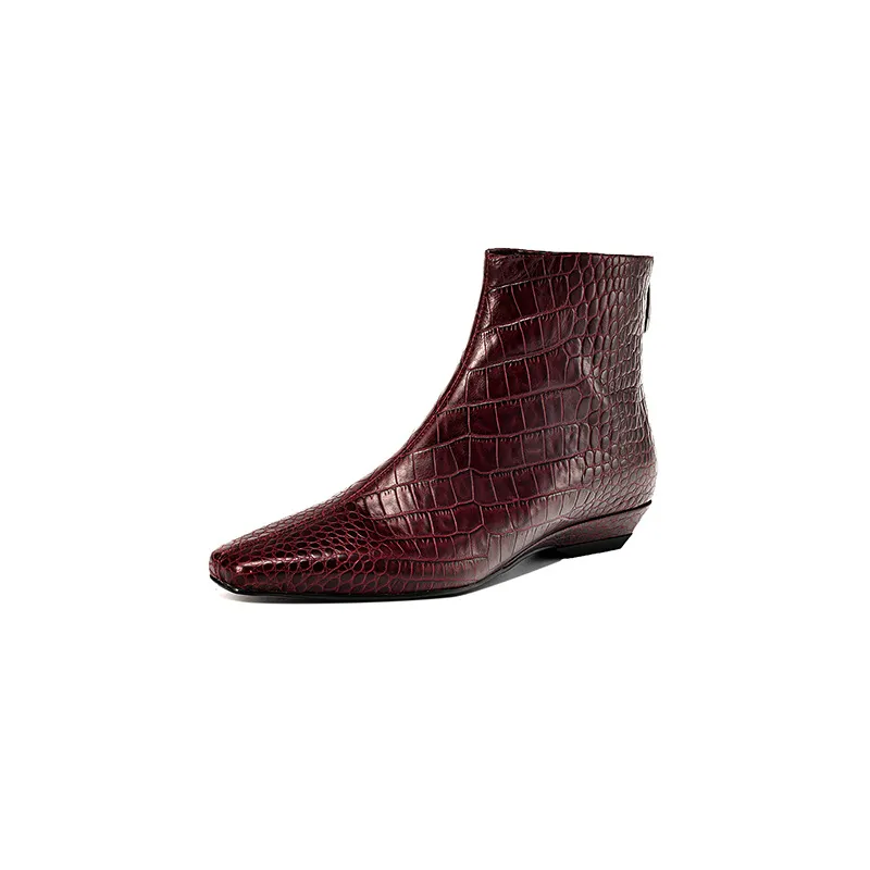 Autumn/Winter Square Toe Chunky Heel Low Heel Ankle Boots, Crocodile Pattern Cowhide, Back Zipper, Comfortable Fashion Women's Boots