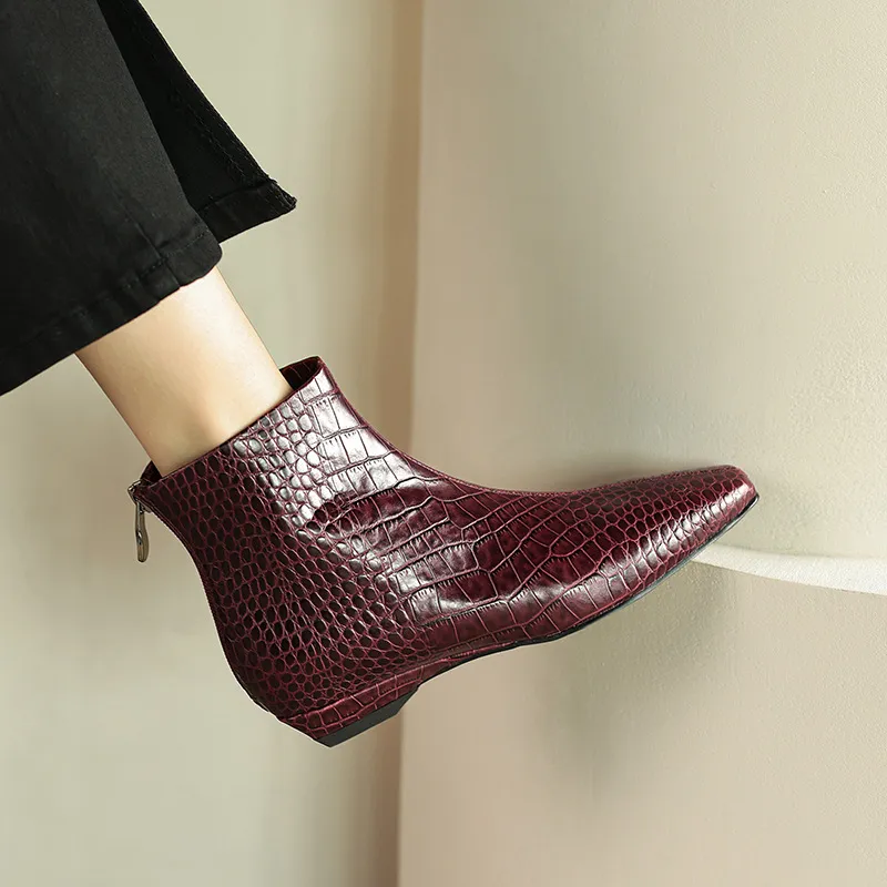 Autumn/Winter Square Toe Chunky Heel Low Heel Ankle Boots, Crocodile Pattern Cowhide, Back Zipper, Comfortable Fashion Women's Boots
