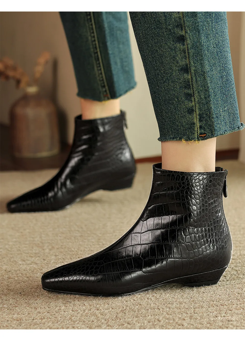 Autumn/Winter Square Toe Chunky Heel Low Heel Ankle Boots, Crocodile Pattern Cowhide, Back Zipper, Comfortable Fashion Women's Boots