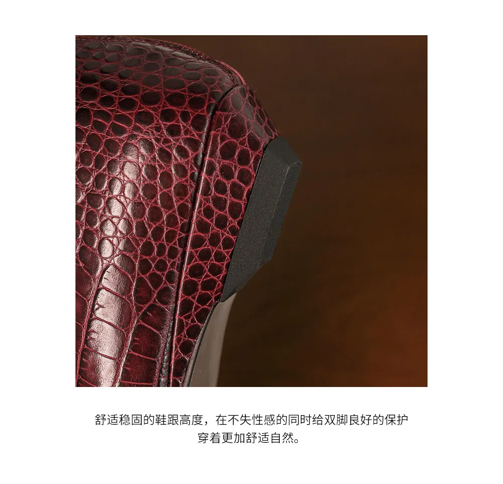 Autumn/Winter Square Toe Chunky Heel Low Heel Ankle Boots, Crocodile Pattern Cowhide, Back Zipper, Comfortable Fashion Women's Boots