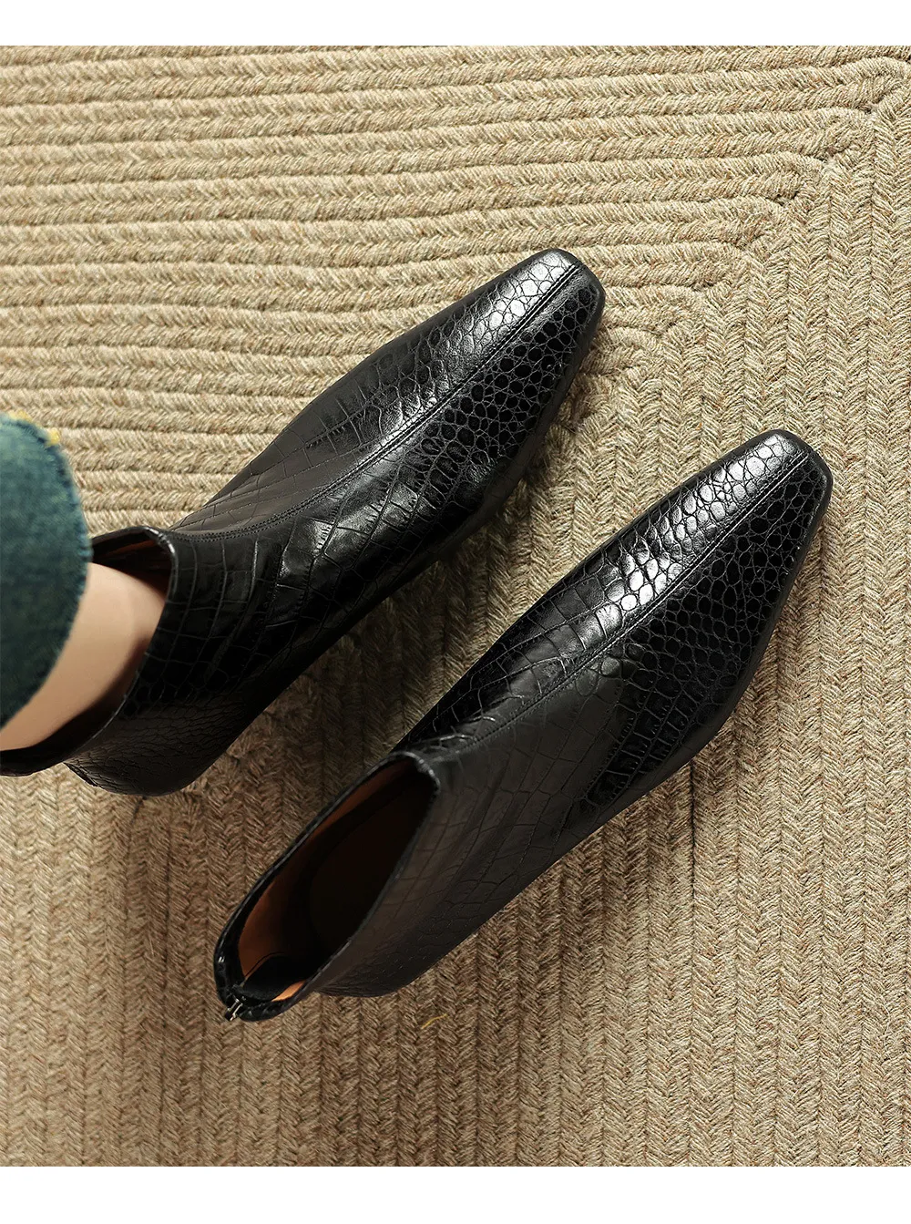Autumn/Winter Square Toe Chunky Heel Low Heel Ankle Boots, Crocodile Pattern Cowhide, Back Zipper, Comfortable Fashion Women's Boots