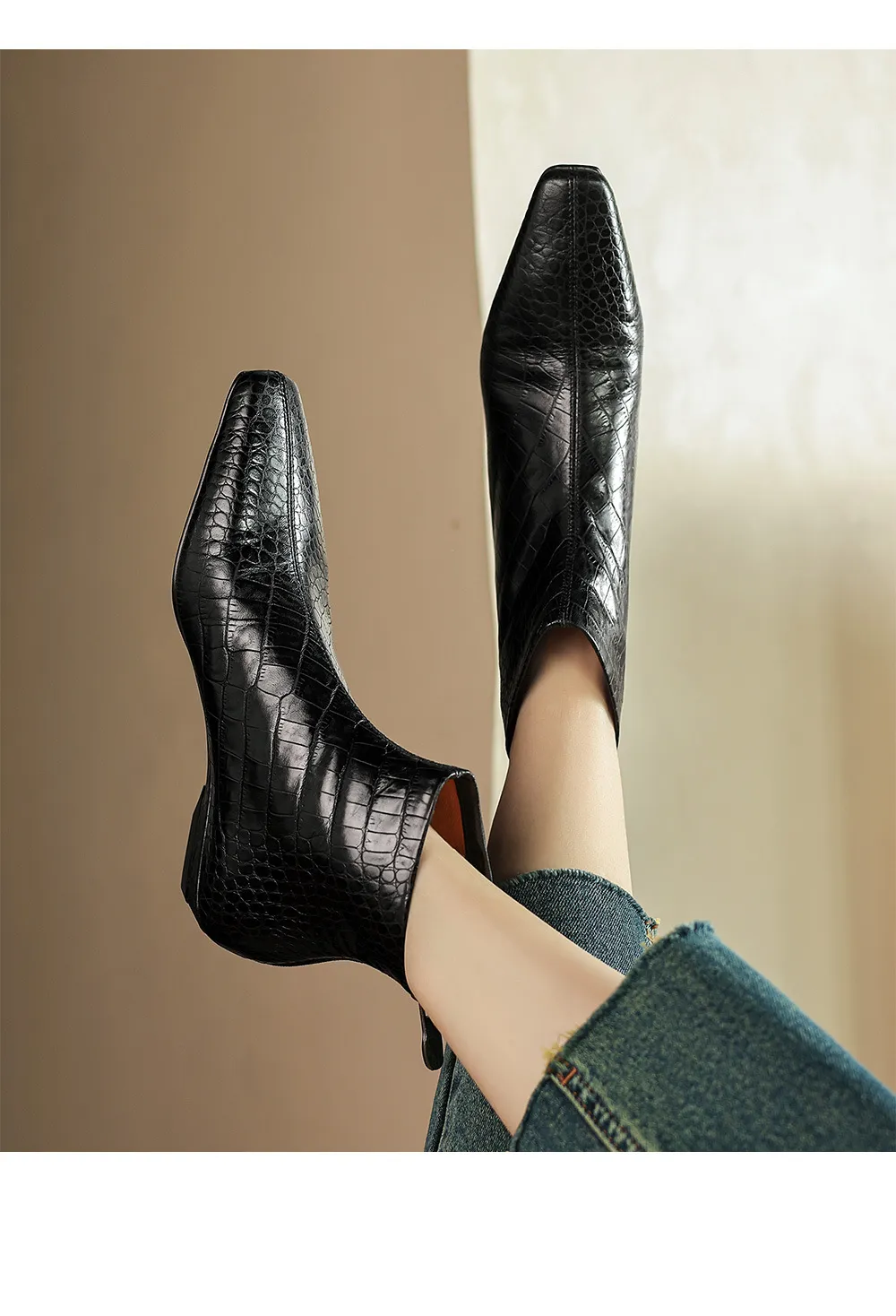 Autumn/Winter Square Toe Chunky Heel Low Heel Ankle Boots, Crocodile Pattern Cowhide, Back Zipper, Comfortable Fashion Women's Boots