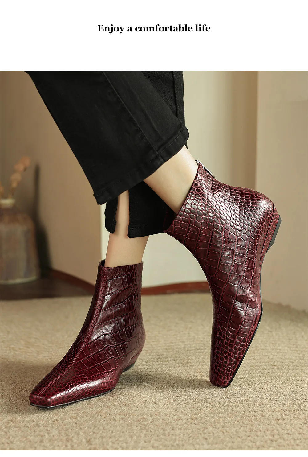 Autumn/Winter Square Toe Chunky Heel Low Heel Ankle Boots, Crocodile Pattern Cowhide, Back Zipper, Comfortable Fashion Women's Boots