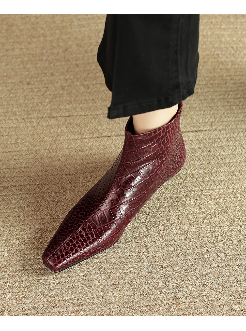 Autumn/Winter Square Toe Chunky Heel Low Heel Ankle Boots, Crocodile Pattern Cowhide, Back Zipper, Comfortable Fashion Women's Boots