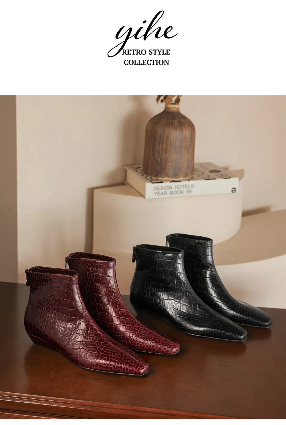 Autumn/Winter Square Toe Chunky Heel Low Heel Ankle Boots, Crocodile Pattern Cowhide, Back Zipper, Comfortable Fashion Women's Boots