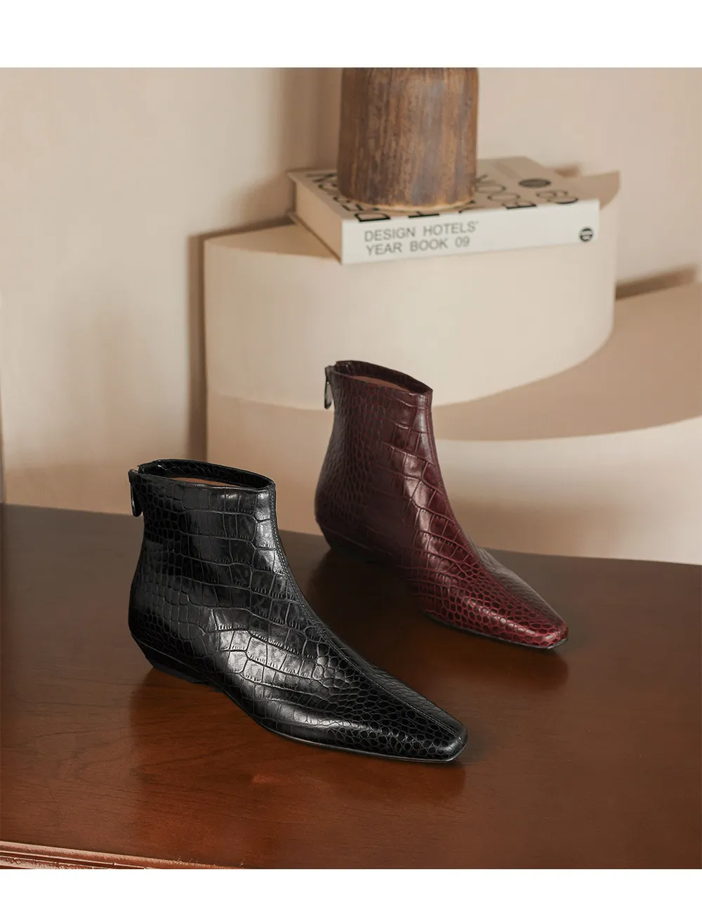 Autumn/Winter Square Toe Chunky Heel Low Heel Ankle Boots, Crocodile Pattern Cowhide, Back Zipper, Comfortable Fashion Women's Boots