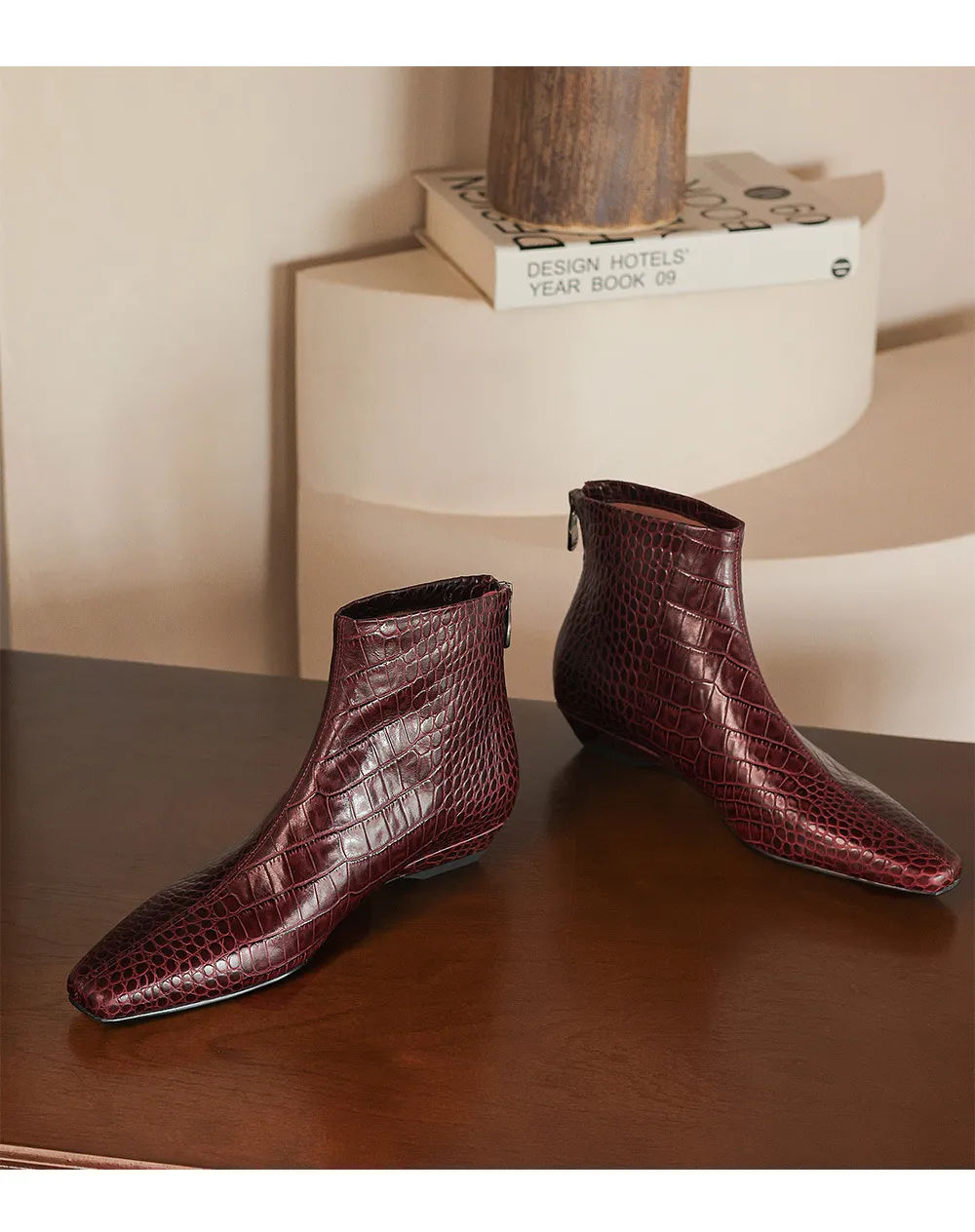 Autumn/Winter Square Toe Chunky Heel Low Heel Ankle Boots, Crocodile Pattern Cowhide, Back Zipper, Comfortable Fashion Women's Boots