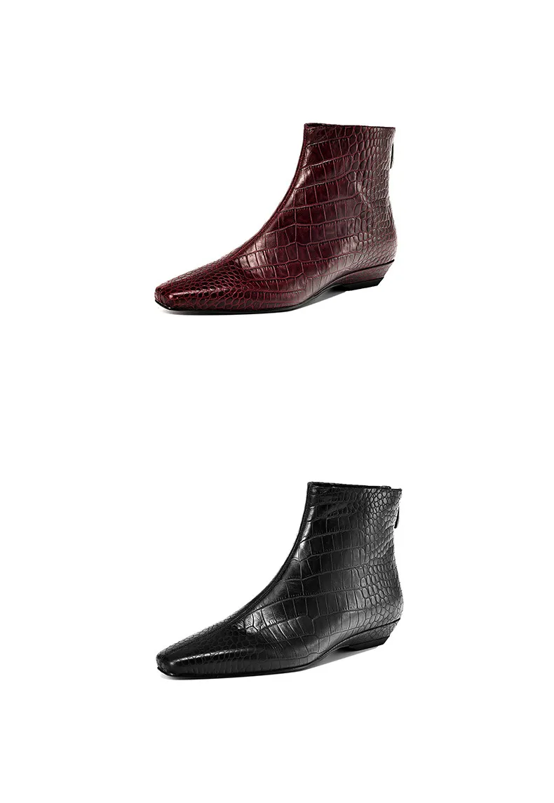 Autumn/Winter Square Toe Chunky Heel Low Heel Ankle Boots, Crocodile Pattern Cowhide, Back Zipper, Comfortable Fashion Women's Boots