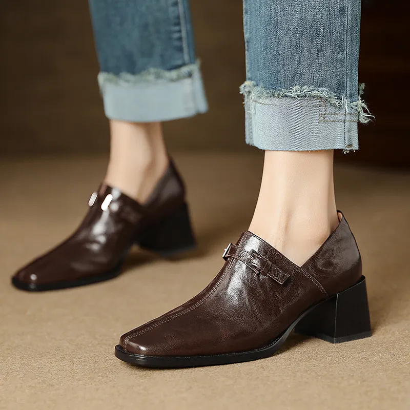 Women's French square-toe high-heeled Mary Jane shoes, plus size, retro style.