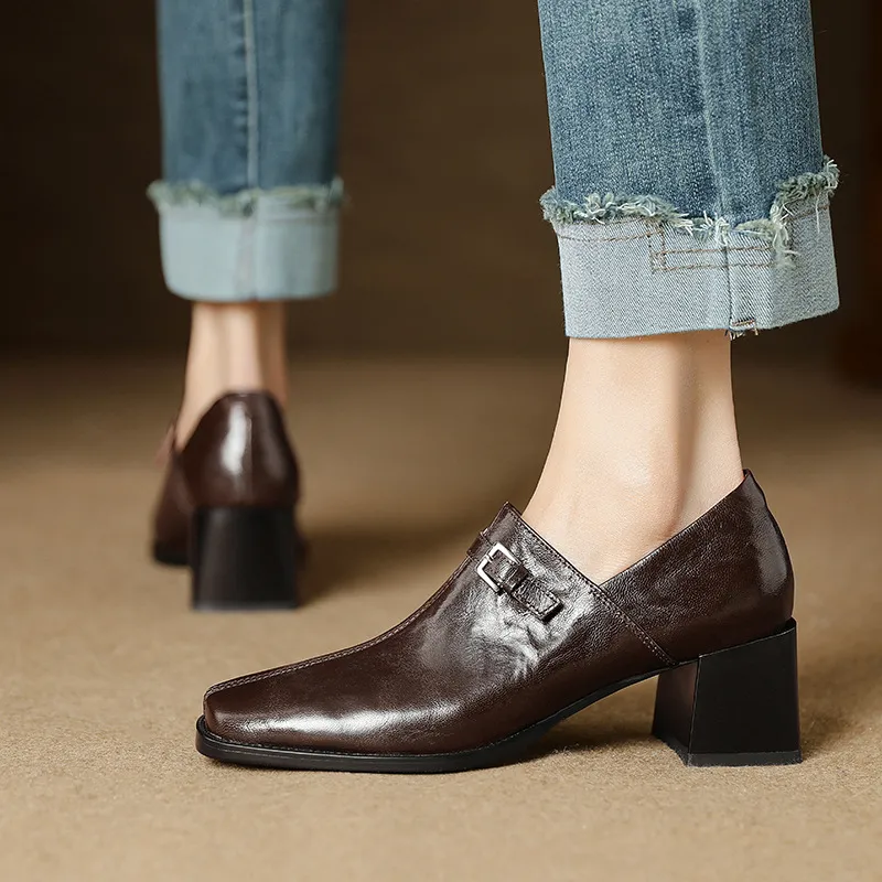 Women's French square-toe high-heeled Mary Jane shoes, plus size, retro style.
