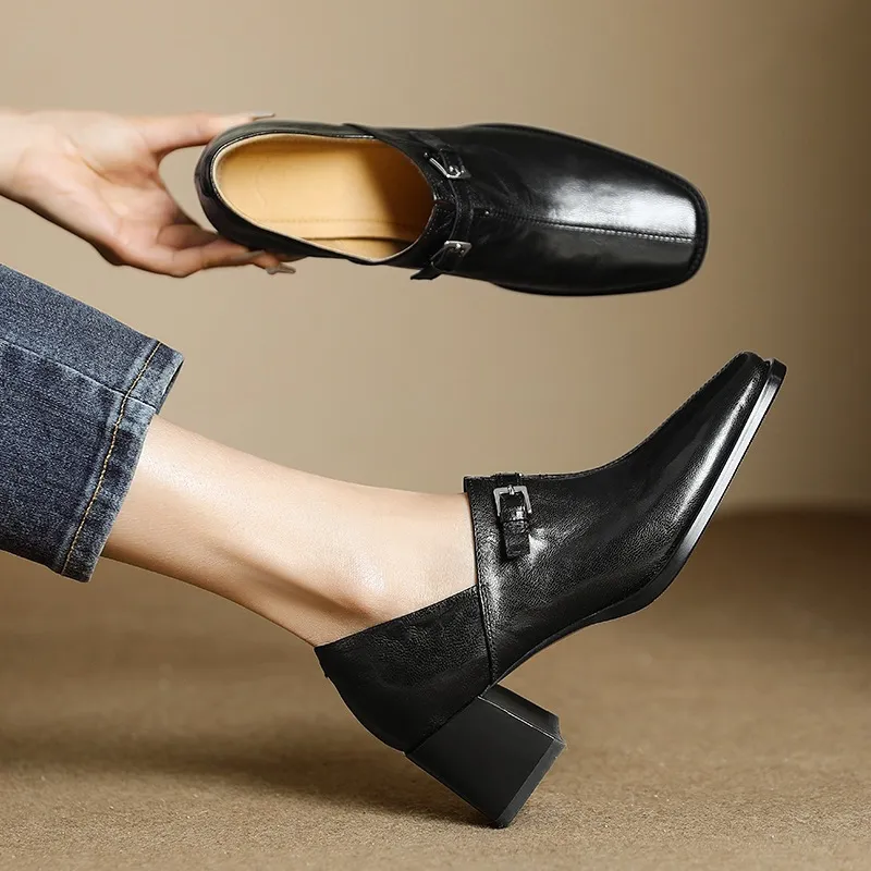 Women's French square-toe high-heeled Mary Jane shoes, plus size, retro style.