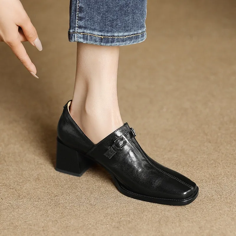 Women's French square-toe high-heeled Mary Jane shoes, plus size, retro style.