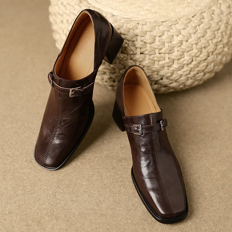 Women's French square-toe high-heeled Mary Jane shoes, plus size, retro style.
