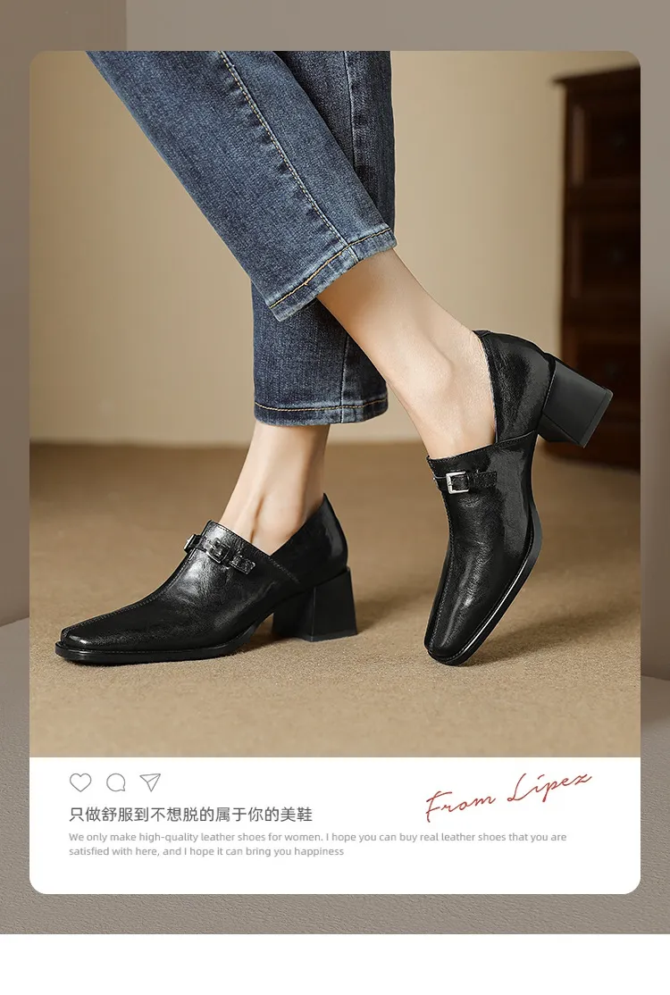 Women's French square-toe high-heeled Mary Jane shoes, plus size, retro style.