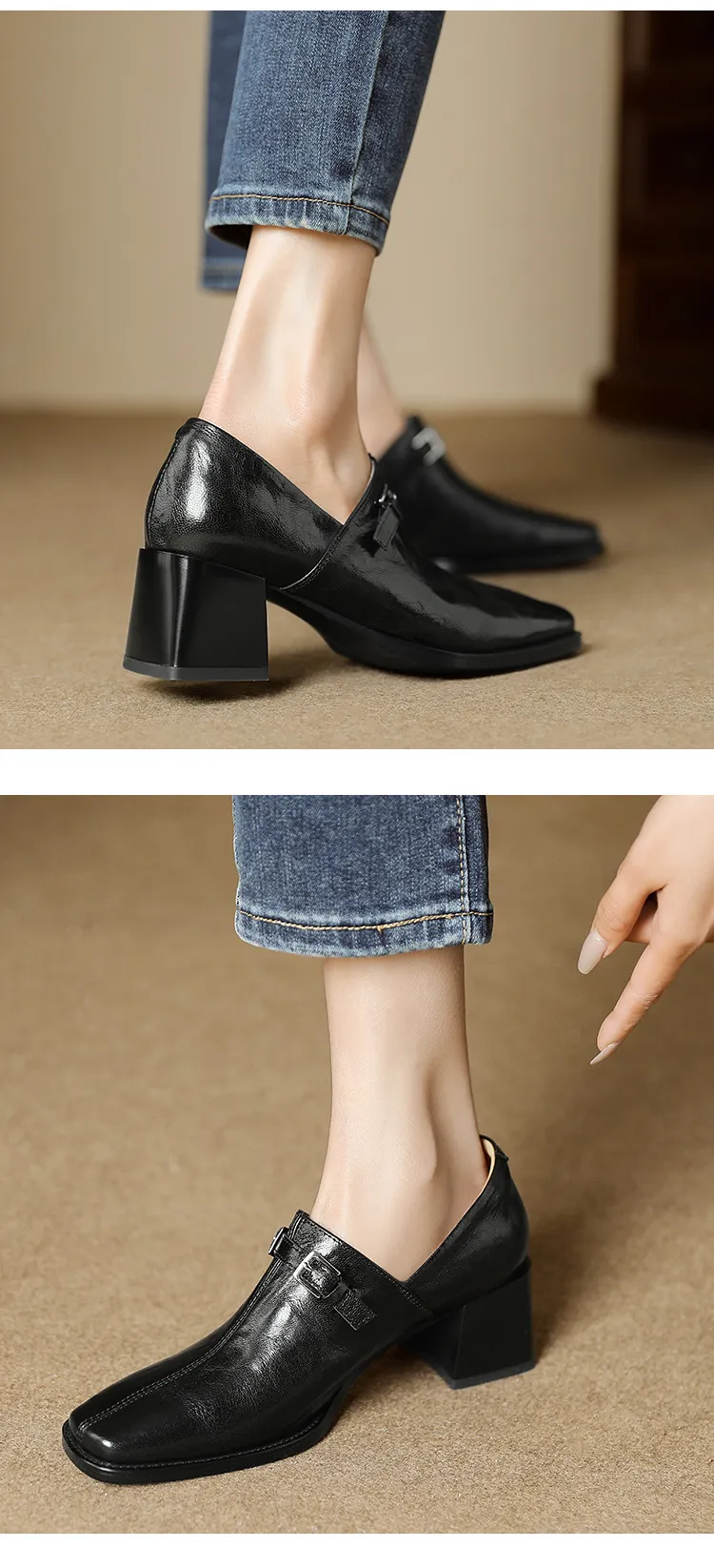 Women's French square-toe high-heeled Mary Jane shoes, plus size, retro style.