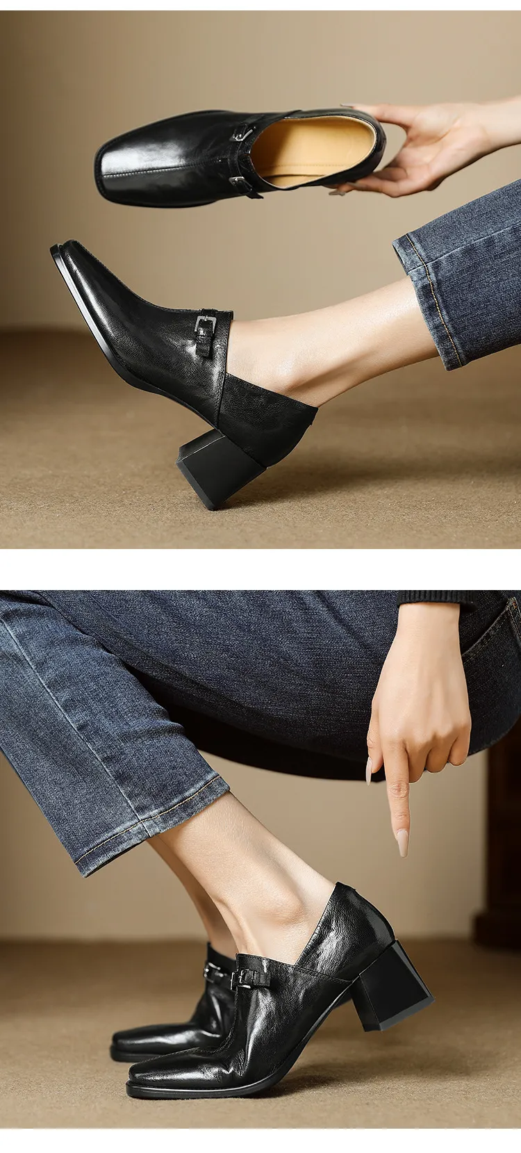 Women's French square-toe high-heeled Mary Jane shoes, plus size, retro style.