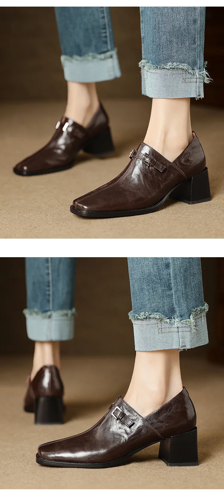 Women's French square-toe high-heeled Mary Jane shoes, plus size, retro style.