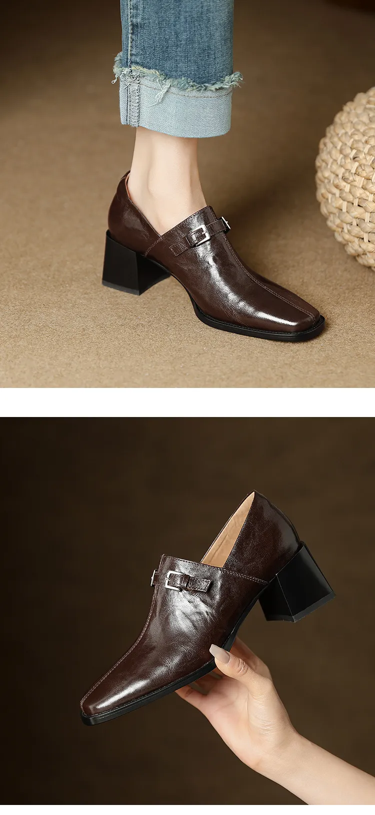 Women's French square-toe high-heeled Mary Jane shoes, plus size, retro style.