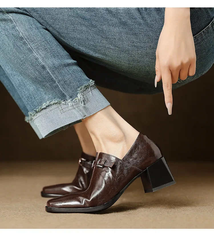 Women's French square-toe high-heeled Mary Jane shoes, plus size, retro style.