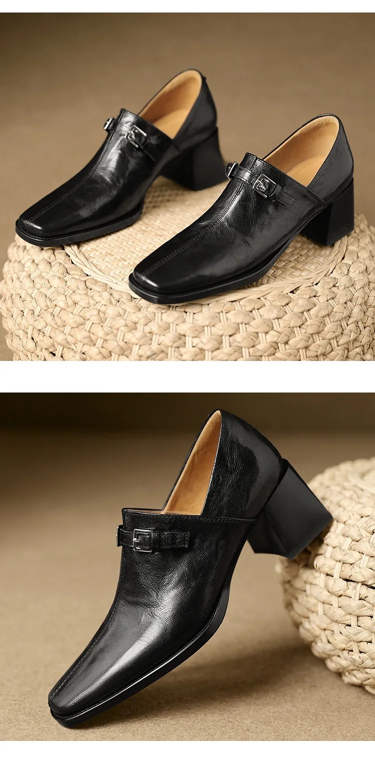 Women's French square-toe high-heeled Mary Jane shoes, plus size, retro style.