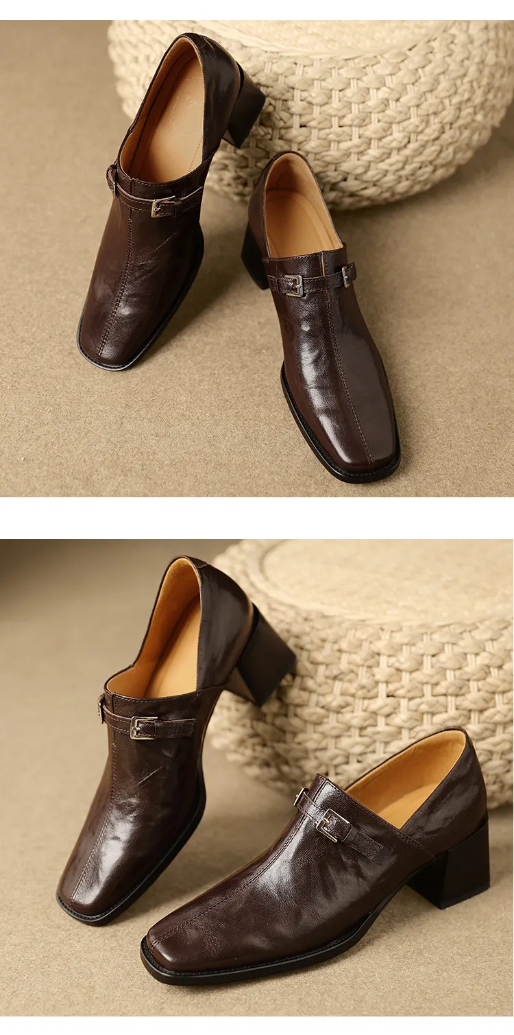 Women's French square-toe high-heeled Mary Jane shoes, plus size, retro style.