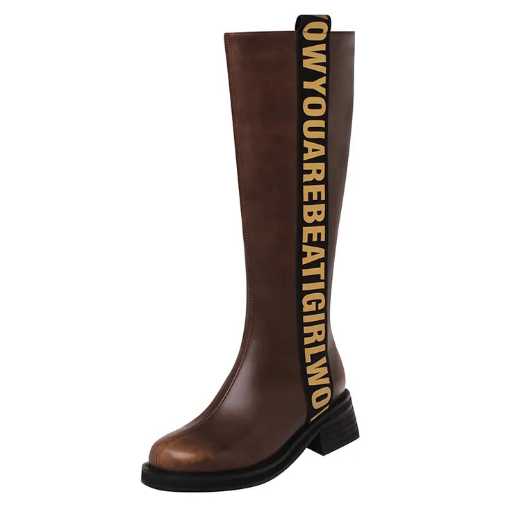Winter chunky heel round toe high-top boots, retro cowhide casual comfortable women's boots, 9-3k side zipper boots