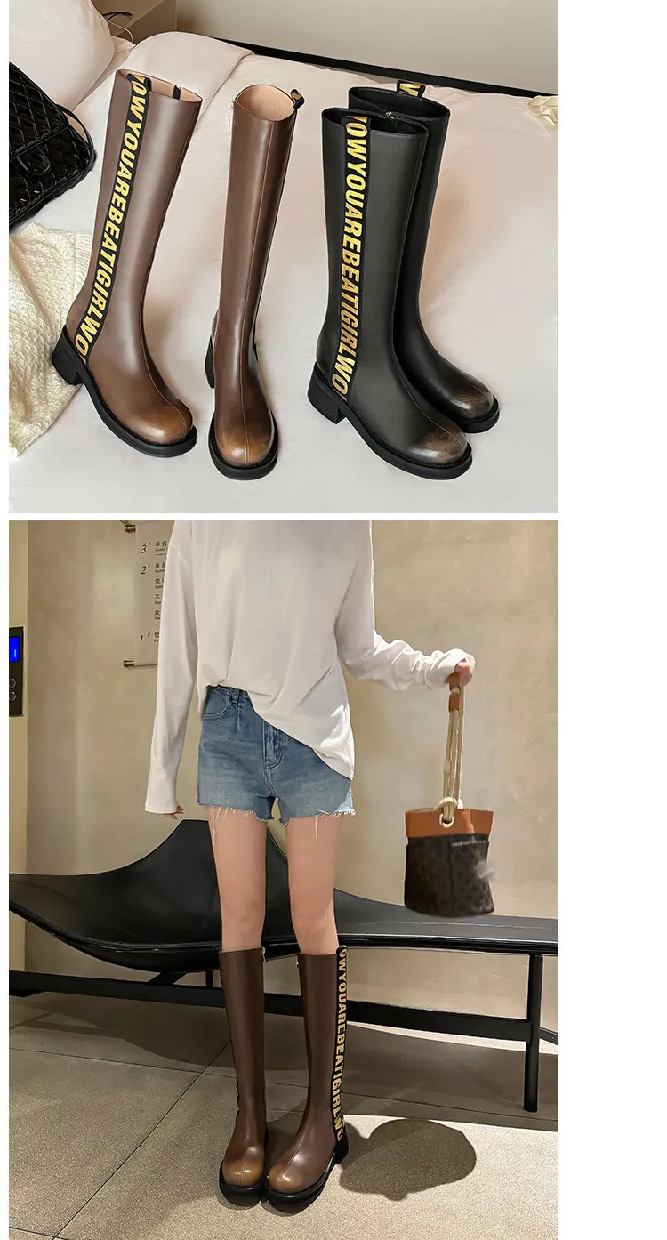 Winter chunky heel round toe high-top boots, retro cowhide casual comfortable women's boots, 9-3k side zipper boots