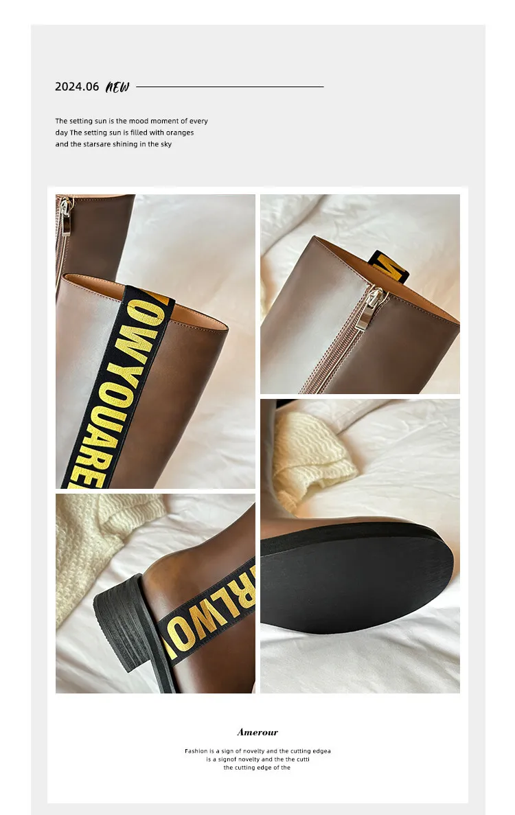 Winter chunky heel round toe high-top boots, retro cowhide casual comfortable women's boots, 9-3k side zipper boots