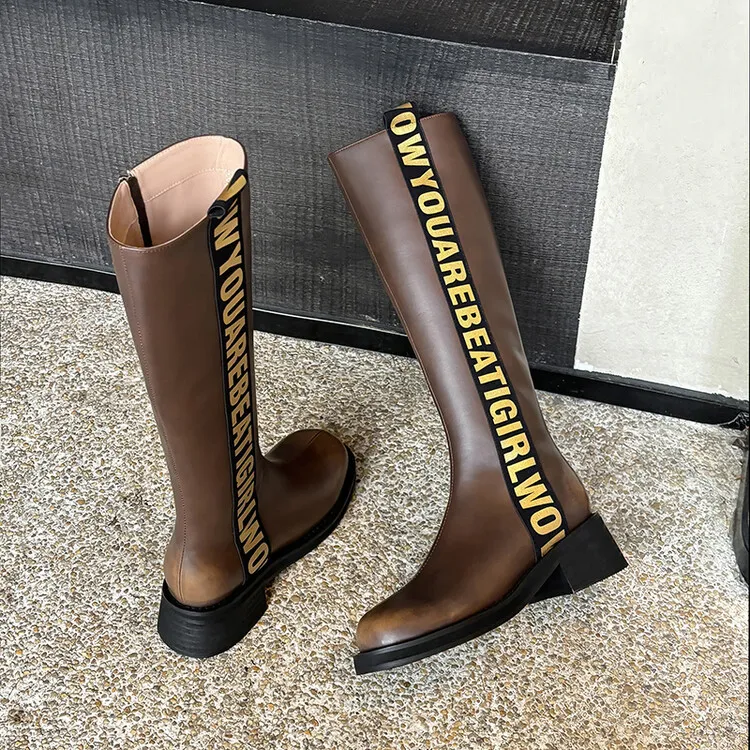 Winter chunky heel round toe high-top boots, retro cowhide casual comfortable women's boots, 9-3k side zipper boots