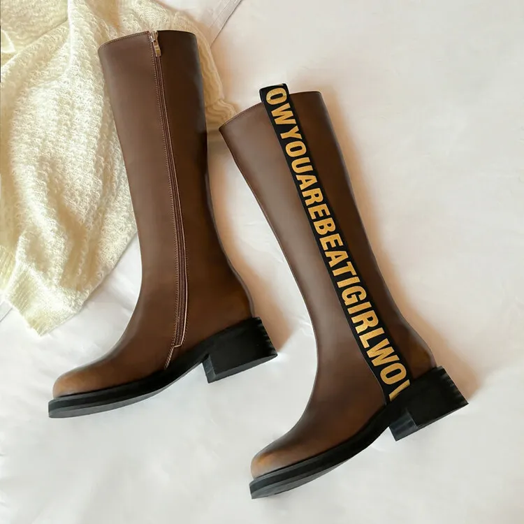 Winter chunky heel round toe high-top boots, retro cowhide casual comfortable women's boots, 9-3k side zipper boots