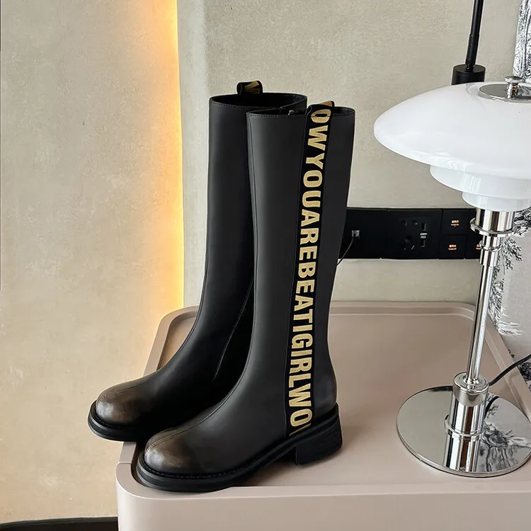 Winter chunky heel round toe high-top boots, retro cowhide casual comfortable women's boots, 9-3k side zipper boots