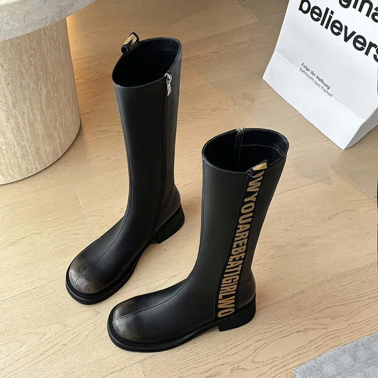 Winter chunky heel round toe high-top boots, retro cowhide casual comfortable women's boots, 9-3k side zipper boots