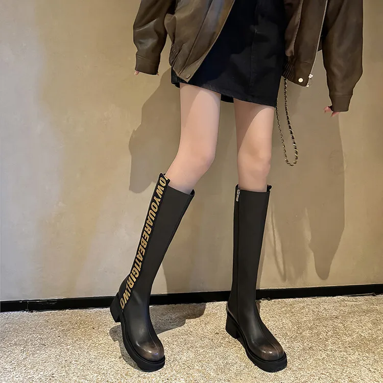 Winter chunky heel round toe high-top boots, retro cowhide casual comfortable women's boots, 9-3k side zipper boots