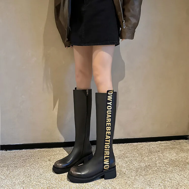 Winter chunky heel round toe high-top boots, retro cowhide casual comfortable women's boots, 9-3k side zipper boots