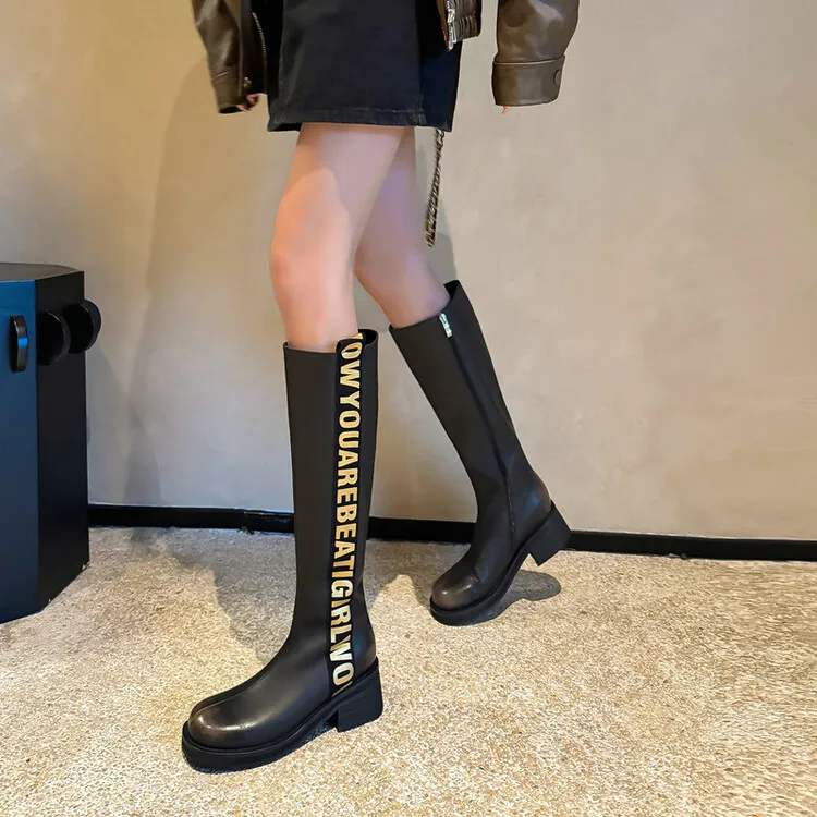Winter chunky heel round toe high-top boots, retro cowhide casual comfortable women's boots, 9-3k side zipper boots