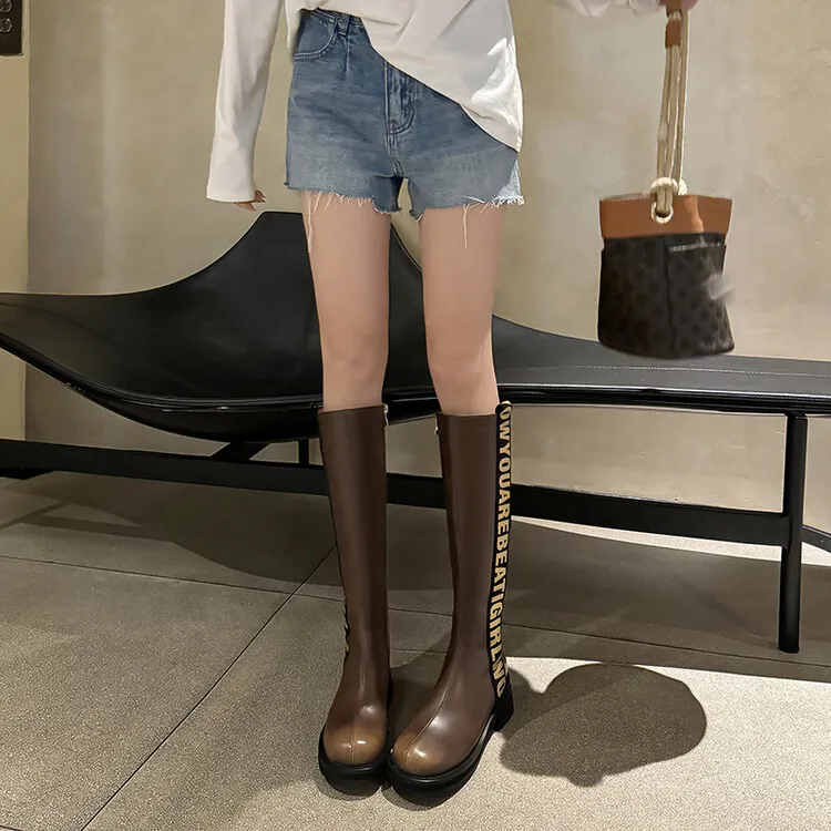 Winter chunky heel round toe high-top boots, retro cowhide casual comfortable women's boots, 9-3k side zipper boots