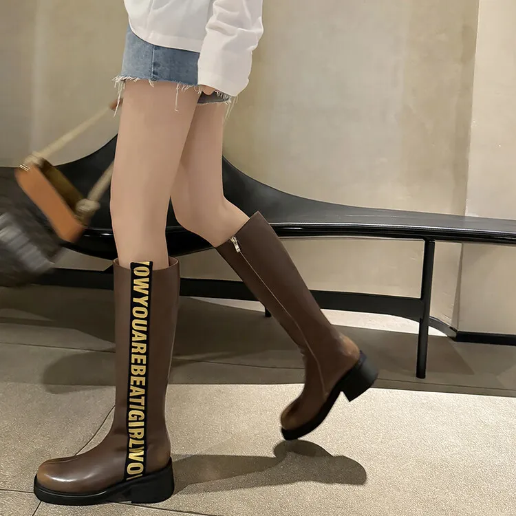 Winter chunky heel round toe high-top boots, retro cowhide casual comfortable women's boots, 9-3k side zipper boots