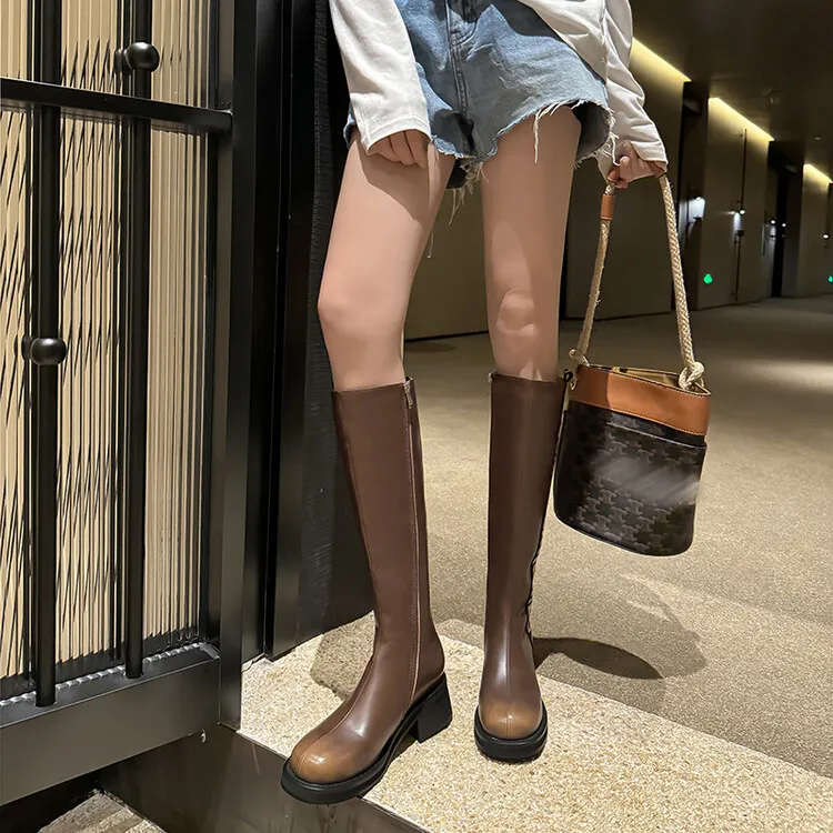 Winter chunky heel round toe high-top boots, retro cowhide casual comfortable women's boots, 9-3k side zipper boots